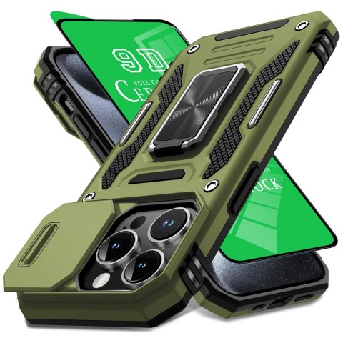 Pancerne Etui z Folia Ceramiczną do iPhone 15 Pro Max Zielone Militarne